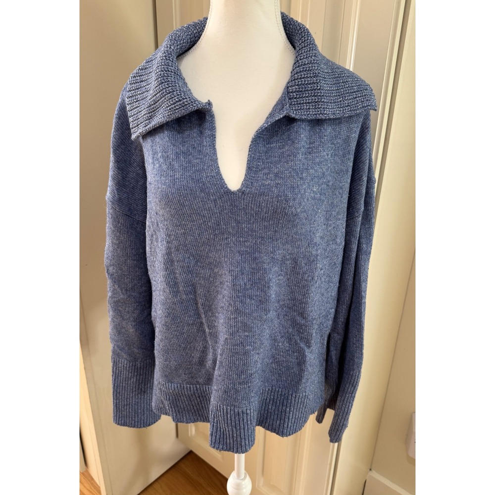 CeCe Women's Blue Collared‎ V-Neck Long Sleeve Knit Sweater Pullover Size L EUC